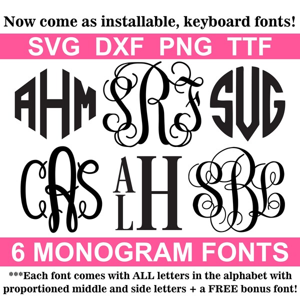 Monogram Font Bundle TTF, 6 Fonts, SVG Monogram Alphabets, Instant Download (individual svg, png, dxf files + installable TTF files)