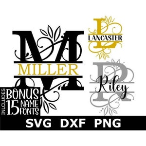 Split Monogram SVG/DXF/PNG, Split Flourish Frame Alphabet + 15 Name Fonts, Instant Download, Cut Files, 26 individual svg/dxf/png files