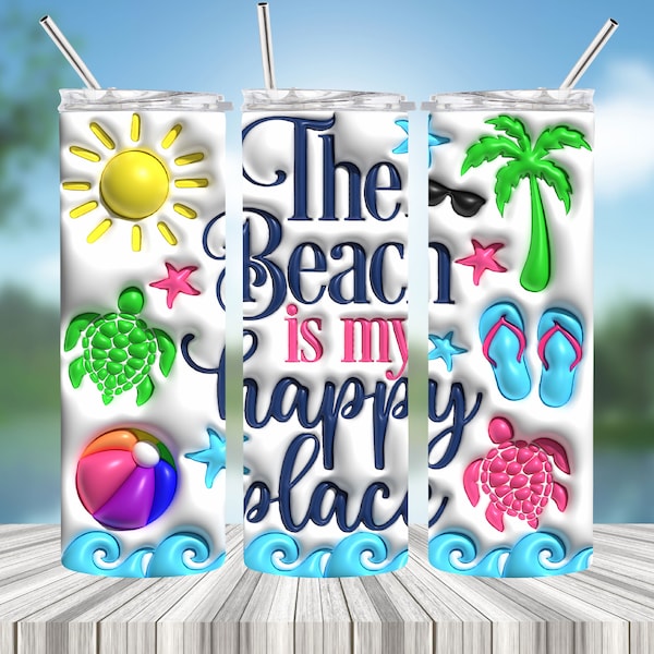 Beach Tumbler Wrap PNG, The Beach is my Happy Place PNG, 20oz Skinny Tumbler Wrap, 3D Puff Sublimation PNG, Instant Download