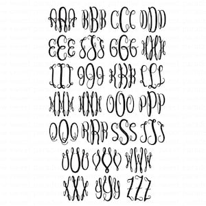 Puede incluir: Colecci&oacute;n de letras de monograma negras en varios estilos elegantes. La imagen muestra las letras de la A a la Z, cada una en una fuente decorativa &uacute;nica, ideal para dise&ntilde;os personalizados.
