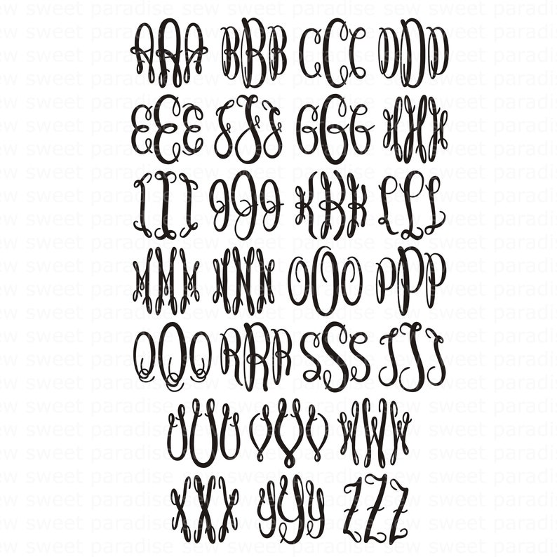 Puede incluir: Colecci&oacute;n de letras de monograma negras en varios estilos elegantes. La imagen muestra las letras de la A a la Z, cada una en una fuente decorativa &uacute;nica, ideal para dise&ntilde;os personalizados.