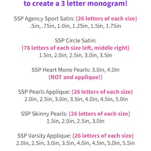 May include: A text-based informational graphic titled NON SCALABLE BX FONTS. It lists seven font styles including SSP Agency Sport Satin, Circle Satin, Heart Mono Pearls, Pearls Applique, Skinny Pearls, and Varsity styles with available sizes in inches.