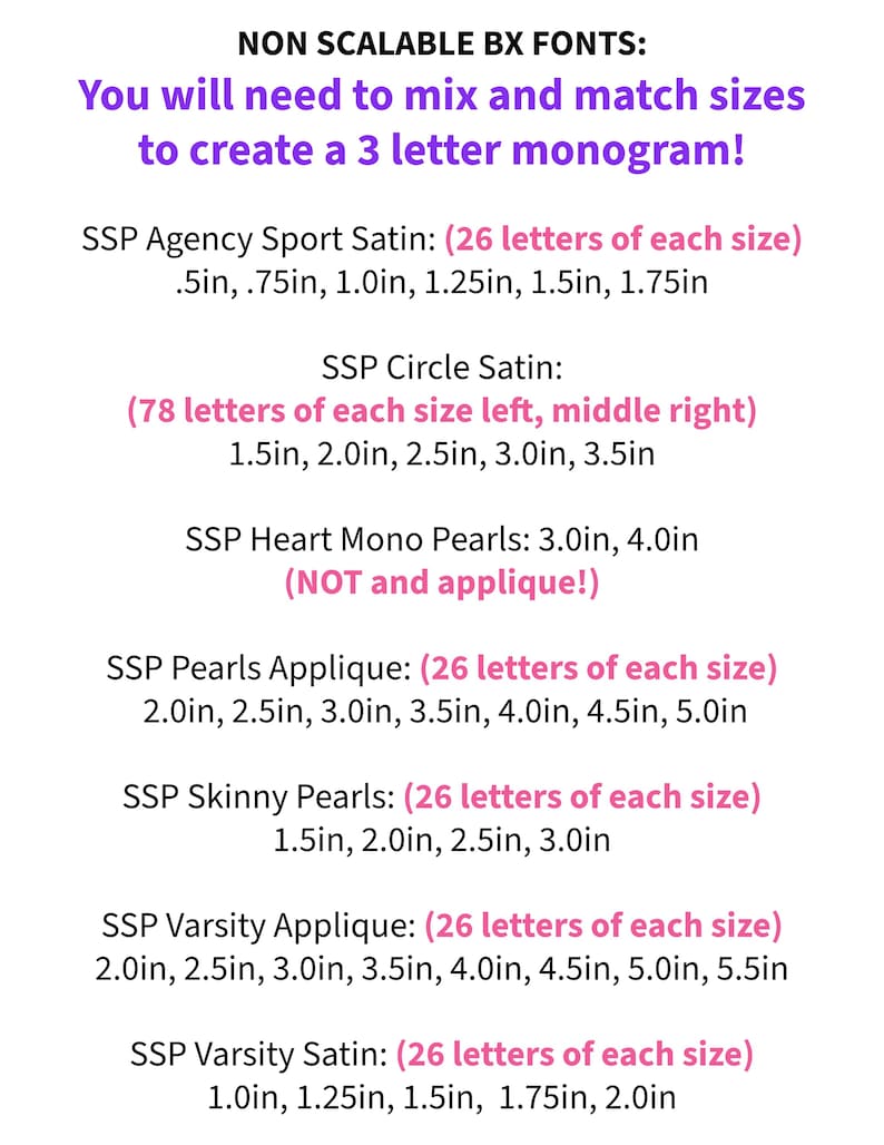 May include: A text-based informational graphic titled NON SCALABLE BX FONTS. It lists seven font styles including SSP Agency Sport Satin, Circle Satin, Heart Mono Pearls, Pearls Applique, Skinny Pearls, and Varsity styles with available sizes in inches.