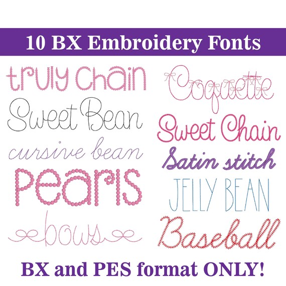 10 Machine Embroidery Font BX Bundle: Cursive Bean Stitch, Pearls Coquette Bows Satin Stitch, BX and PES Format (Instant Download)