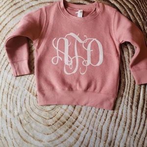 Puede incluir: Una sudadera de color rosa polvoriento con un dise&ntilde;o de monograma blanco. La sudadera de cuello redondo tiene mangas largas con pu&ntilde;os y dobladillo acanalados. El monograma es un dise&ntilde;o cursivo estilizado. La sudadera es probablemente para un ni&ntilde;o.