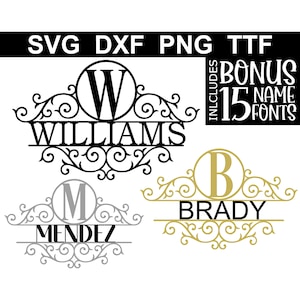 Monogram SVG + TTF Split Name Frame Alphabet + 15 Name Fonts, Instant Download, 26 individual svg/dxf/png files + installable ttf file