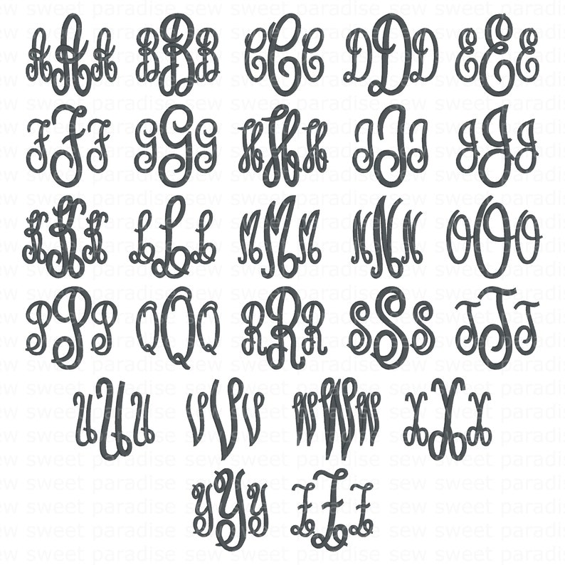 Op de afbeelding: Een verzameling donkergrijze monogramletters in een scriptlettertype. Elke letter wordt weergegeven in een combinatie van drie letters, perfect voor gepersonaliseerde cadeaus of decoratie. De letters zijn gerangschikt in rijen en kolommen.