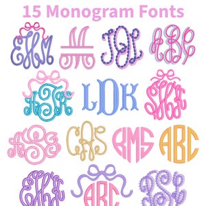 May include: A digital collection of 15 monogram fonts labeled BX & PES ONLY. The image displays various three-letter monogram styles in pink, purple, blue, and yellow, featuring decorative elements like bows, circular frames, and intricate script lettering.