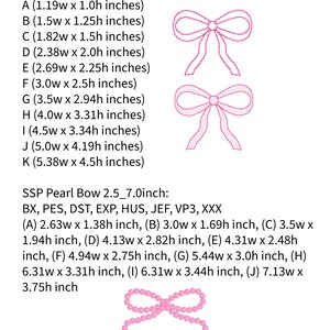 May include: Image features two pink bow designs and a pearl bow design, along with size specifications in inches. The text indicates the designs are for the Bow Beans Stitch & Sketch Stitch Font and SSP Pearl Bow.
