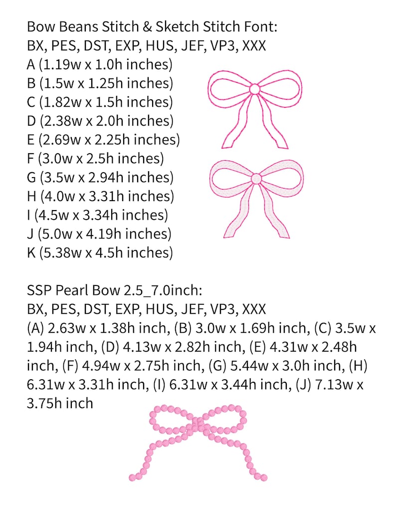 May include: Image features two pink bow designs and a pearl bow design, along with size specifications in inches. The text indicates the designs are for the Bow Beans Stitch & Sketch Stitch Font and SSP Pearl Bow.
