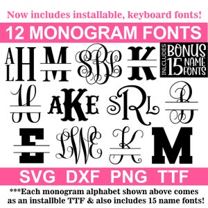12 Monogram SVG Bundle + Installable TTF, 12 Monogram Fonts + 15 Name Fonts, Instant Download, Cut Files (svg/png/dxf + Installable ttf)