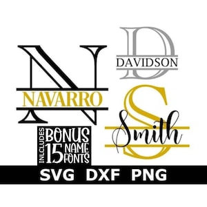 Monogram SVG/DXF/PNG, gesplitst gegraveerd monogramalfabet + 15 naamlettertypen, Instant download, Gravering, 26 afzonderlijke bestanden