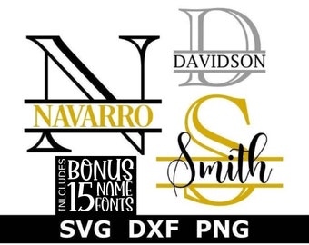 Monogram SVG/DXF/PNG, Split Engraved Monogram Alphabet + 15 Name Fonts, Digital Download, Engraving, 26 individual svg/dxf/png files