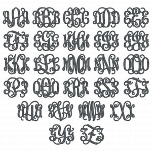 Op de afbeelding: Een verzameling donkergrijze, sierlijke monogramletters in verschillende stijlen. Elke lettercombinatie wordt weergegeven in een cirkelvormige of ovale lijst, perfect voor gepersonaliseerde geschenken of knutselprojecten. De letters zijn onder andere A, B, C, D, E, F, G, H, I, J, K, L, M, N, O, P, Q, R, S, T, U, V, W, X, Y en Z.