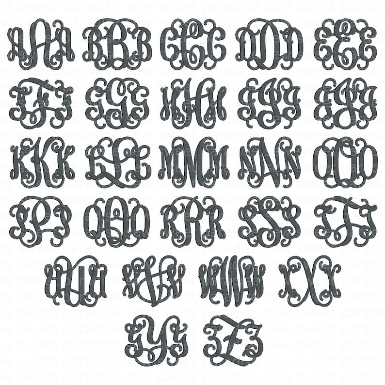 Op de afbeelding: Een verzameling donkergrijze, sierlijke monogramletters in verschillende stijlen. Elke lettercombinatie wordt weergegeven in een cirkelvormige of ovale lijst, perfect voor gepersonaliseerde geschenken of knutselprojecten. De letters zijn onder andere A, B, C, D, E, F, G, H, I, J, K, L, M, N, O, P, Q, R, S, T, U, V, W, X, Y en Z.