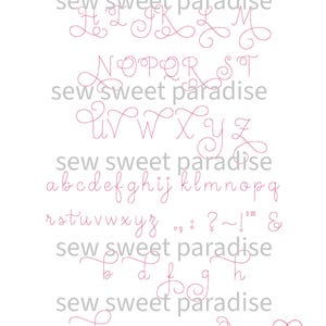 May include: A digital alphabet set featuring pink cursive letters, numbers, and punctuation marks with decorative swirls. The text 'sew sweet paradise' appears repeatedly in gray between the rows of characters, which include uppercase and lowercase letters.