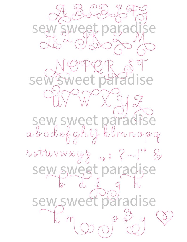 May include: A digital alphabet set featuring pink cursive letters, numbers, and punctuation marks with decorative swirls. The text 'sew sweet paradise' appears repeatedly in gray between the rows of characters, which include uppercase and lowercase letters.