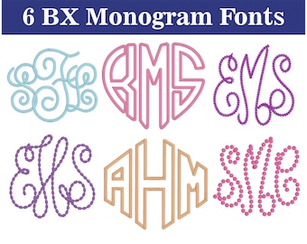 6 BX Embroidery Monogram Fonts Bundle: Pearls Monogram, Chain Monogram, Heart Applique Font, 4x4, 5x7, 7x12 Hoop (Instant Download)