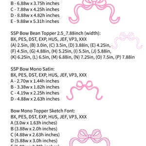 May include: Pink bow applique and topper designs with dimensions in inches. The image includes several variations of bow designs, including satin and sketch font styles, with width and height measurements for each.