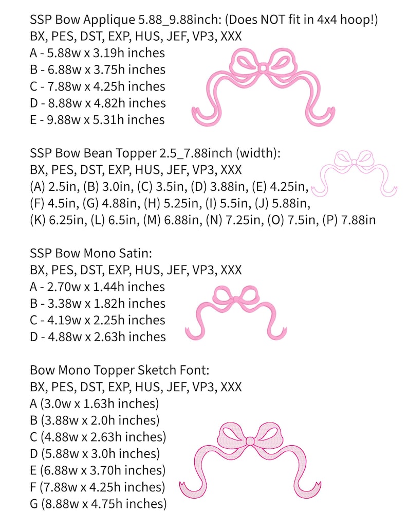 May include: Pink bow applique and topper designs with dimensions in inches. The image includes several variations of bow designs, including satin and sketch font styles, with width and height measurements for each.