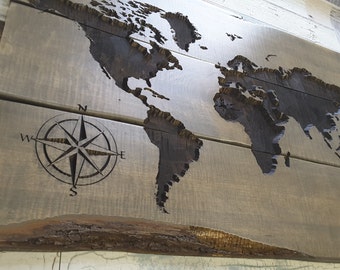 World Map CARVED Wood Sign. Rustic and Gorgeous! Corporate Office Gift. CEO Gift. Corporate Gift Idea. Military Office Gift. Veterans Gift