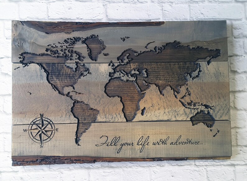 CARVED Wood World Map LIVE EDGE World Map Wall Art Travel Etsy