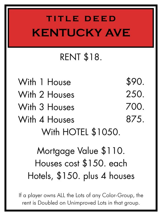 Monopoly Title Deed Poster Kentucky Ave Sized at 18x24 ALL Etsy