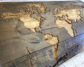 CARVED Wood World Map LIVE EDGE, World Map Wall Art, Travel Décor, World Map Push Pin, Rustic World Map, Map Wall Art, Anniversary Gift