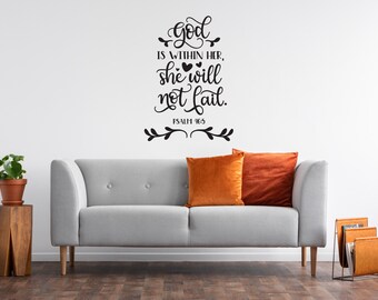 Religious Wall Decal - Home, Bedroom, Wall Decal - Vinyl Lettering - Psalm 46:5 - God Is Within Her. She Will Not Fail.