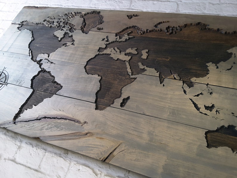 CARVED Wood World Map LIVE EDGE World Map Wall Art Travel Etsy