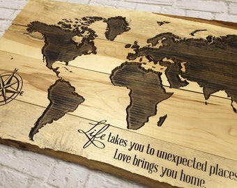 CARVED Wood World Map LIVE EDGE, World Map Wall Art, Travel Décor, World Map Push Pin, Rustic World Map, Map Wall Art, Anniversary Gift