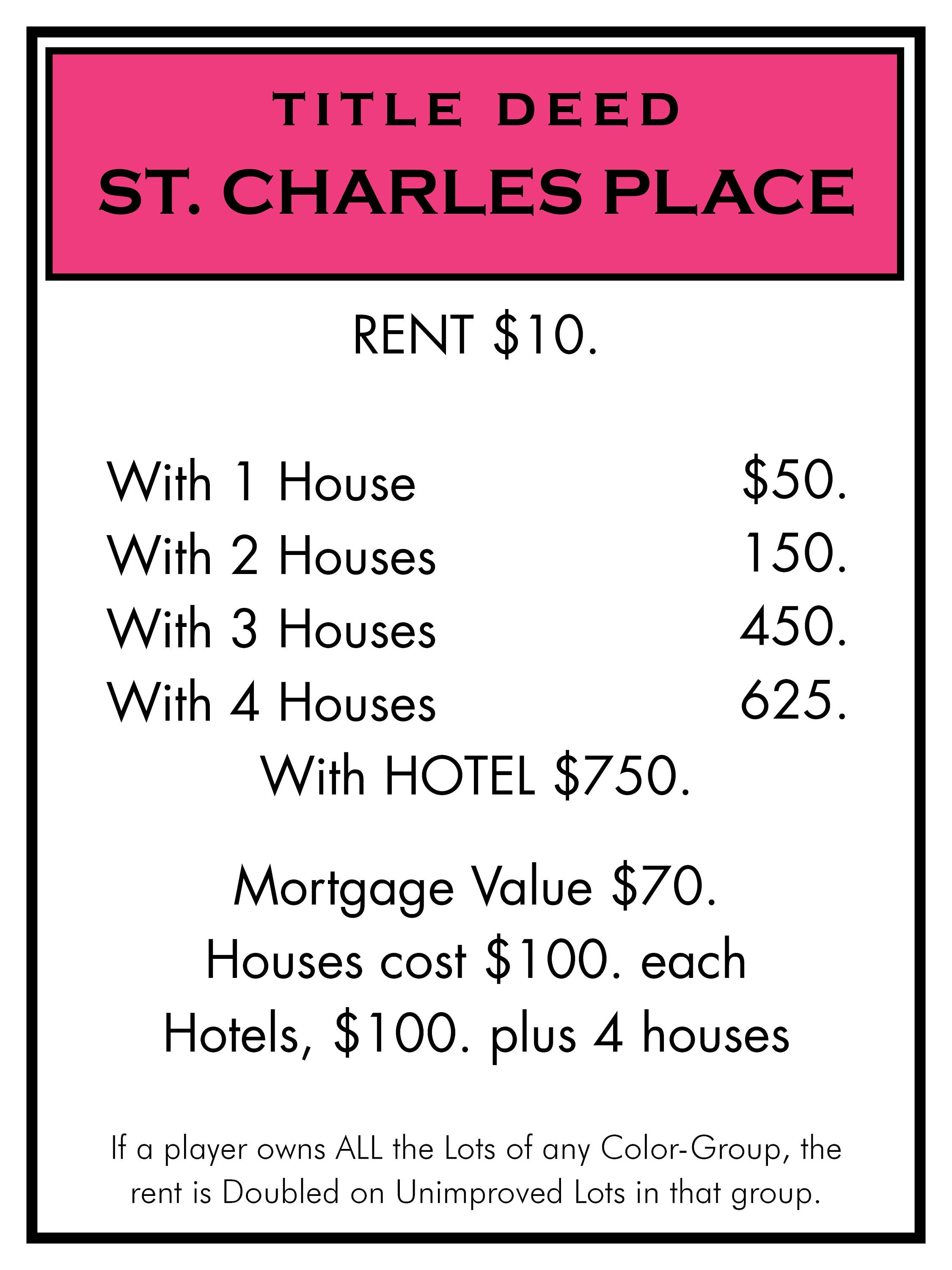 Monopoly Title Deed Poster St Charles Place Sized At 18x24 Etsy