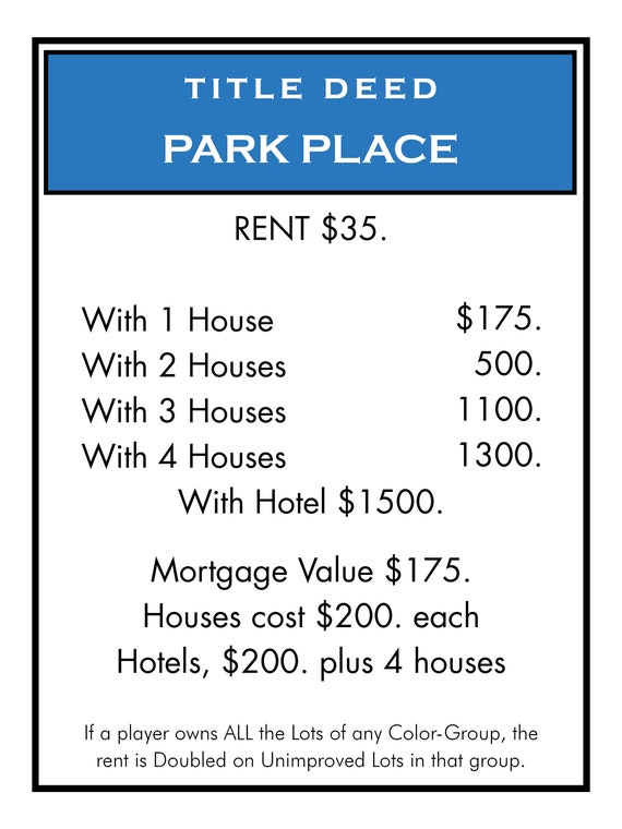 Park Place Monopoly Card