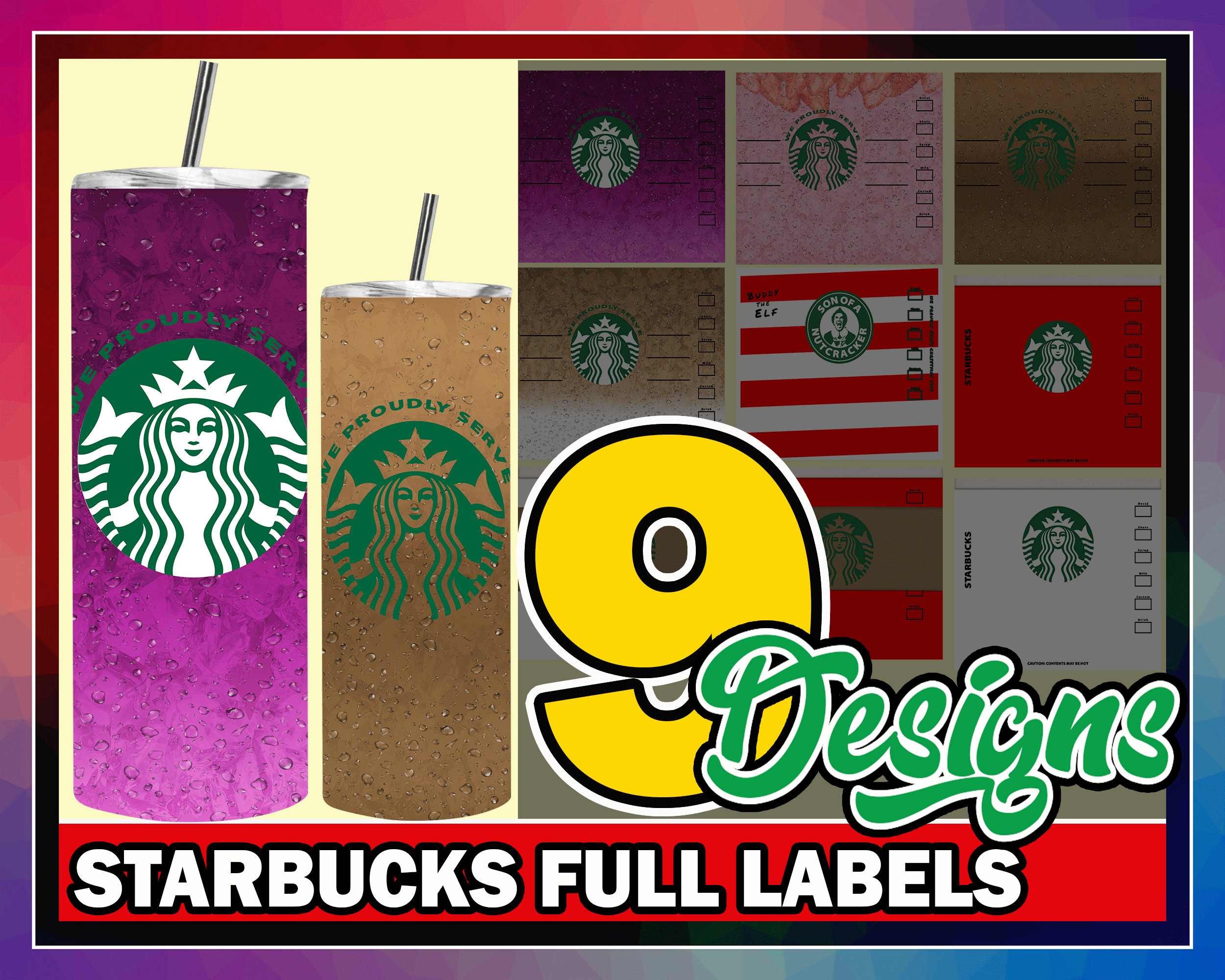 Starbucks Full Labels Designs 20oz Skinny Straight Tapered Etsy