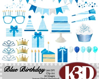 Happy Birthday, Blue, Boy, Cake, Cupcake balloon, bunting, clipart clip art instant digital download. 30 digital images, graphics