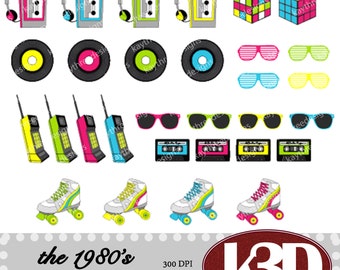 1980s, Eighties, cassette tape, roller skates, mix tape, clipart clip art instant digital download. 30 digital images, graphics