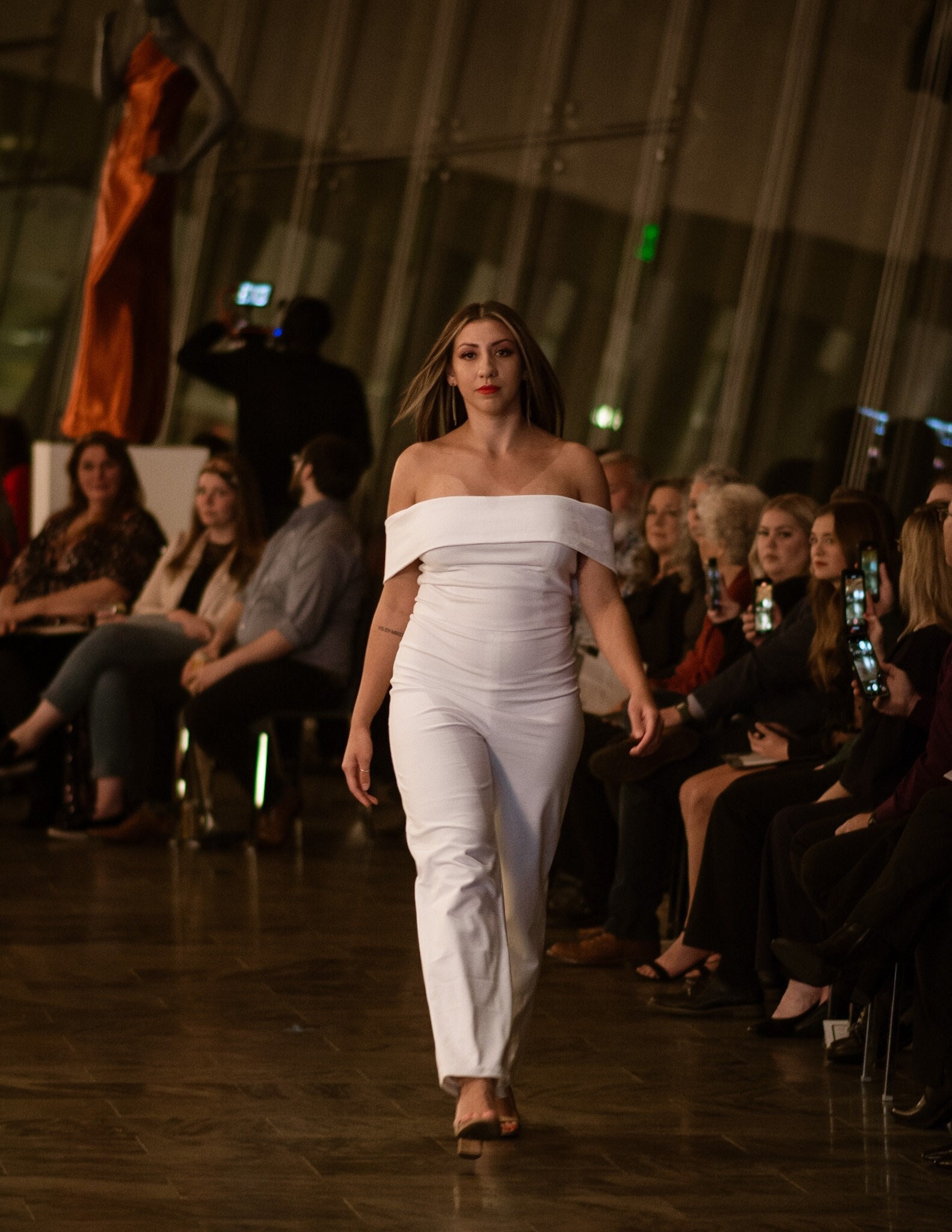 White Formal Jumpsuit with Herringbone Pleat