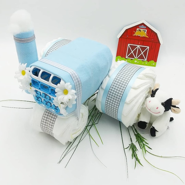 Country Diaper Cake - Farm Baby Shower Gift - Baby Shower Centerpiece - Farm Decor - Baby Gift - Tractor Diaper Cake - Cow Not Included