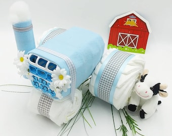 Country Diaper Cake - Farm Baby Shower Gift - Baby Shower Centerpiece - Farm Decor - Baby Gift - Tractor Diaper Cake - Cow Not Included