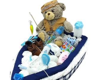 Fishing Bear and Boat - Boat Diaper Cake - Fishing Baby Shower - Buffalo Plaid - Unique Diaper Cake - Nautical Baby Shower