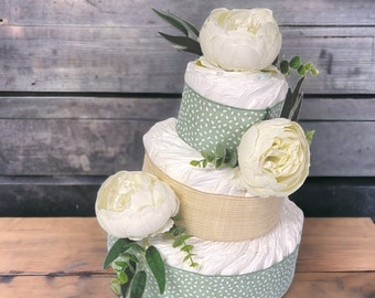 Sage and Cream Diaper Cake - Gender Neutral Diaper Cake - Rustic Baby Shower - Sage Diaper Cake - Eucalyptus Baby Gift