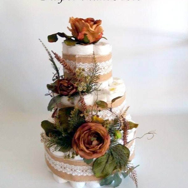 Rustic Diaper Cake - Baby Shower Centerpiece - Burlap Diaper Cake - Flower Diaper Cake - Party Decor - Elegant Diaper Cake