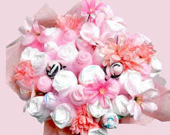 Baby Shower Centerpiece - Diaper Bouquet - Flower Bouquet - New Mom Gift - Shower Decorations - Baby Shower Gift - Girl Baby Shower