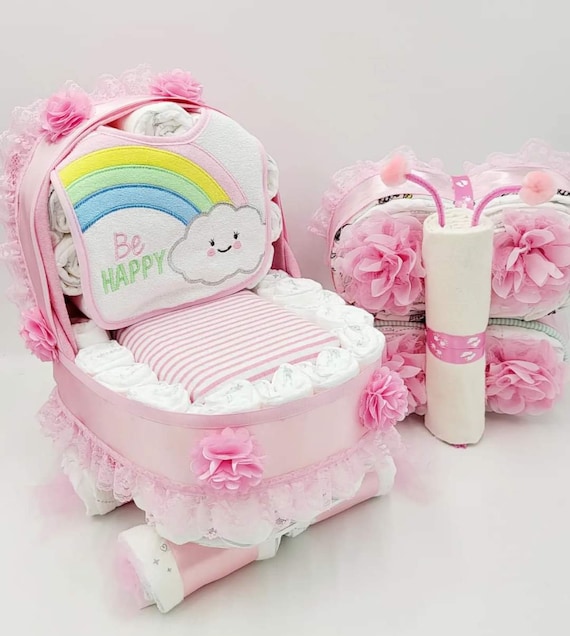 Baby Girl Baby Shower Gift Set Unique Girl Diaper Cakes Butterfly and  Carriage Baby Gifts 