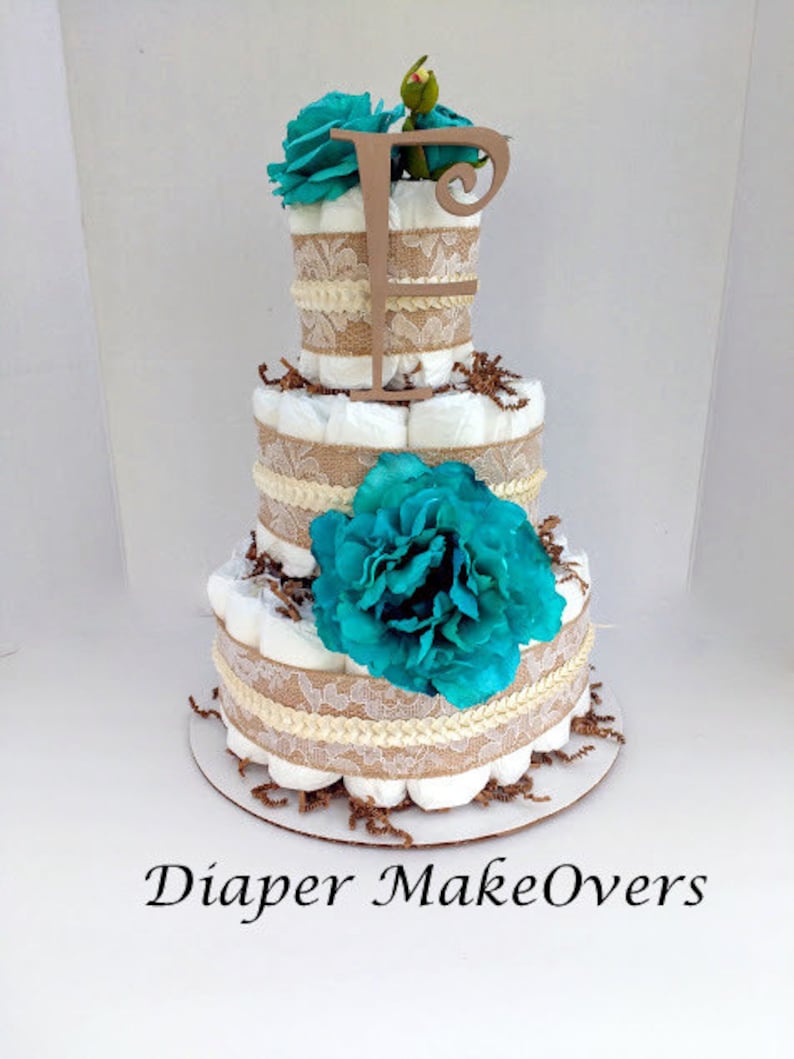 Spring Flowers 3 Tier Diaper Cake Baby Shower Centerpiece Rustic Burlap Lace Diaper Cake Shower Decorations Burlap Diaper Cake