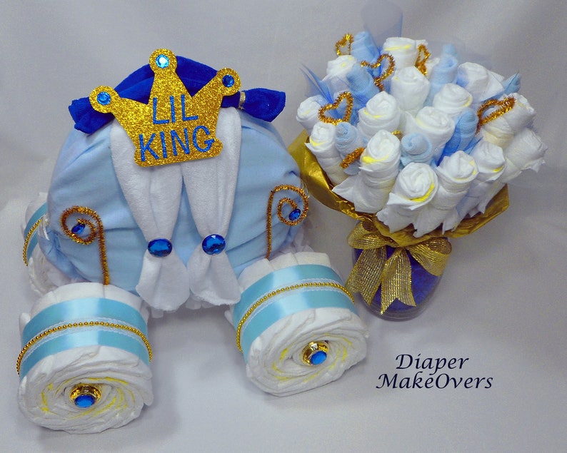 Prince Baby Shower Boy Diaper Cake Baby Shower Centerpiece Prince Carriage and Diaper Bouquet Combo Baby Shower Gift Unique Gift image 9