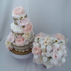 Matching Floral Diaper Cake and Diaper Bouquet Pink Diaper Cake Baby Shower Centerpiece Girl Diaper Cake Flower Diaper Cake Combo image 10