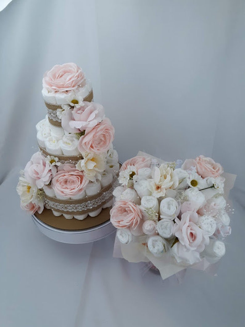 Matching Floral Diaper Cake and Diaper Bouquet Pink Diaper Cake Baby Shower Centerpiece Girl Diaper Cake Flower Diaper Cake Combo image 10