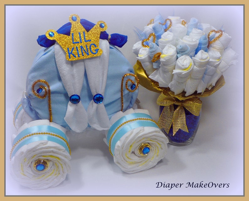 Prince Baby Shower Boy Diaper Cake Baby Shower Centerpiece Prince Carriage and Diaper Bouquet Combo Baby Shower Gift Unique Gift image 7