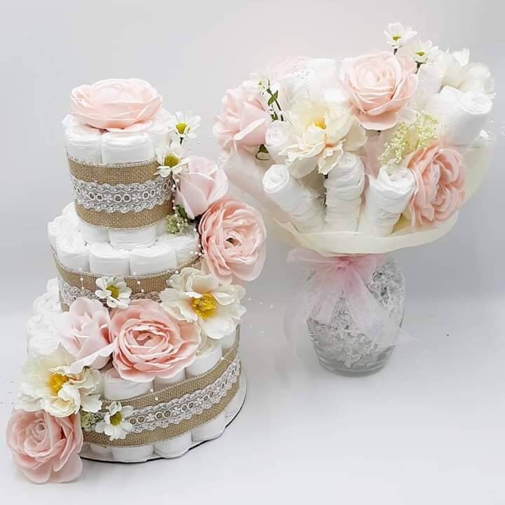 Matching Floral Diaper Cake and Diaper Bouquet Pink Diaper Cake